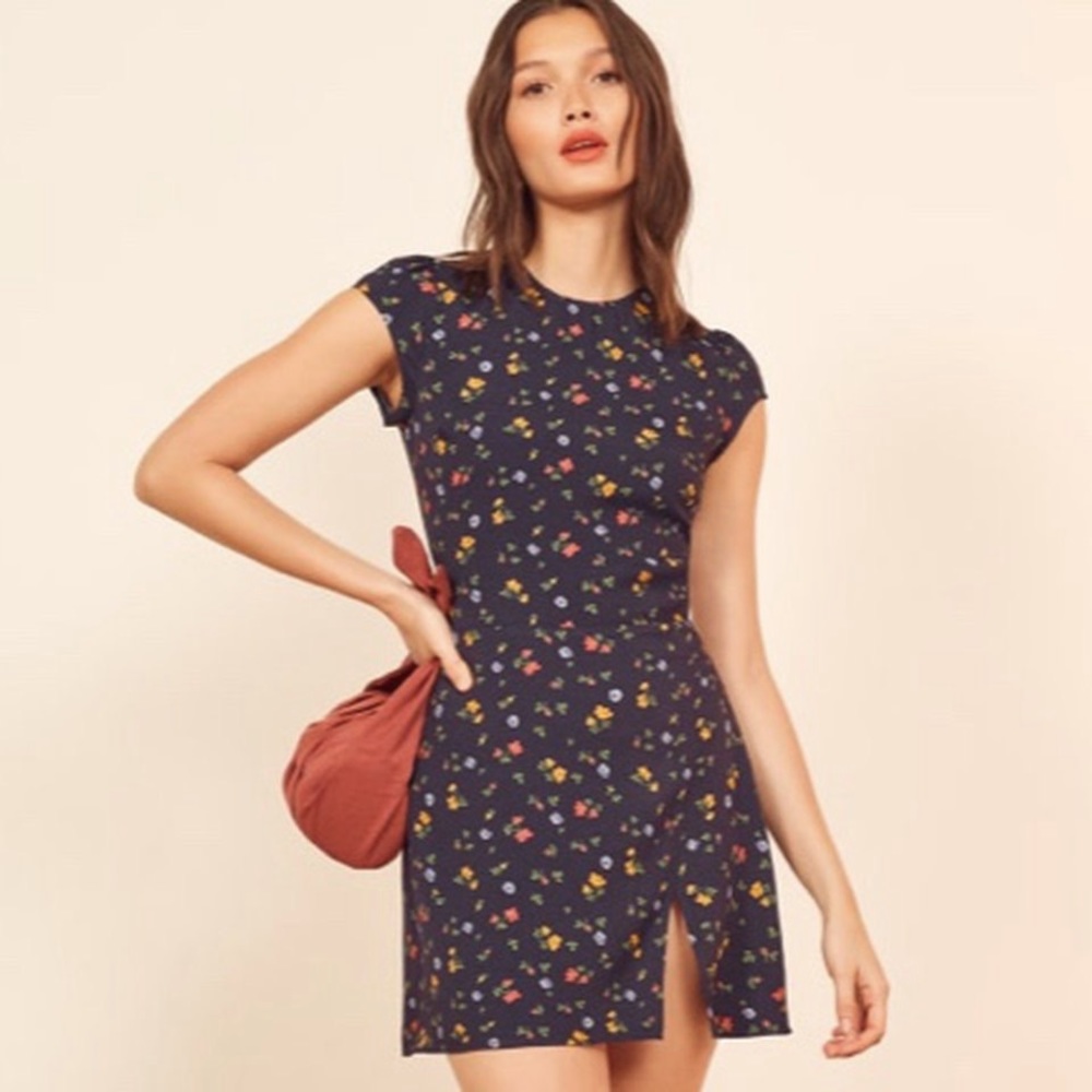 Reformation Navy Floral Mini Dress